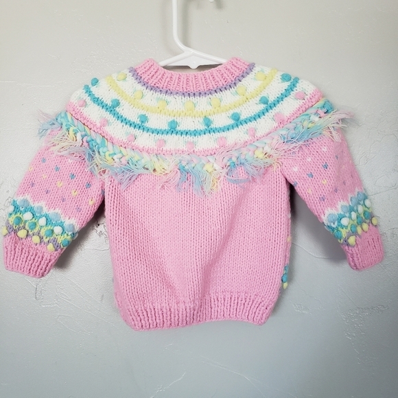 Baby Platinum Vintage Baby Girl 12 Months Knit Sweater Cardigan Pink Pom Fringe - Picture 3 of 6